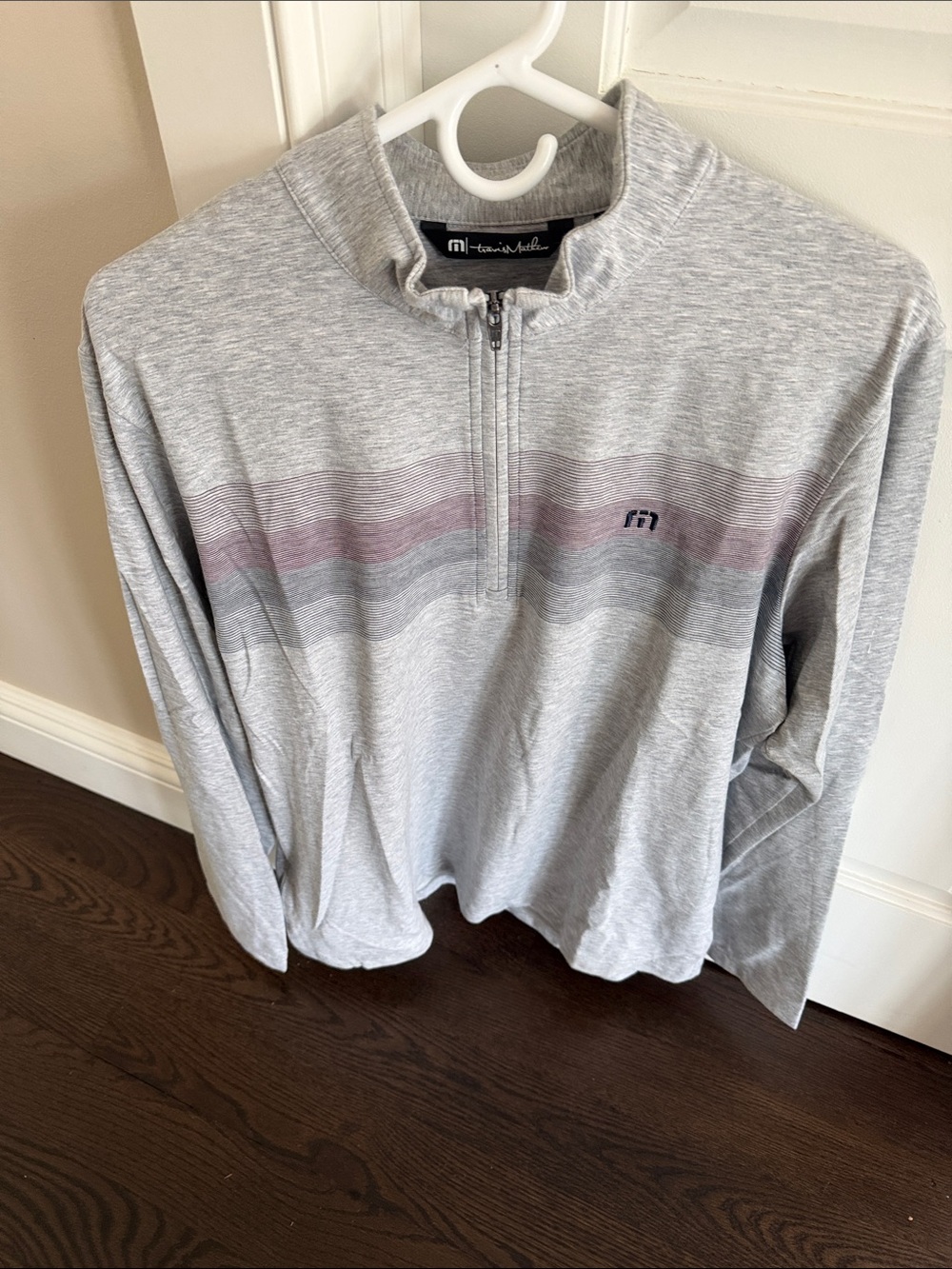 Travis Mathew Gray Quarter-Zip Pullover with Mauve Stripe